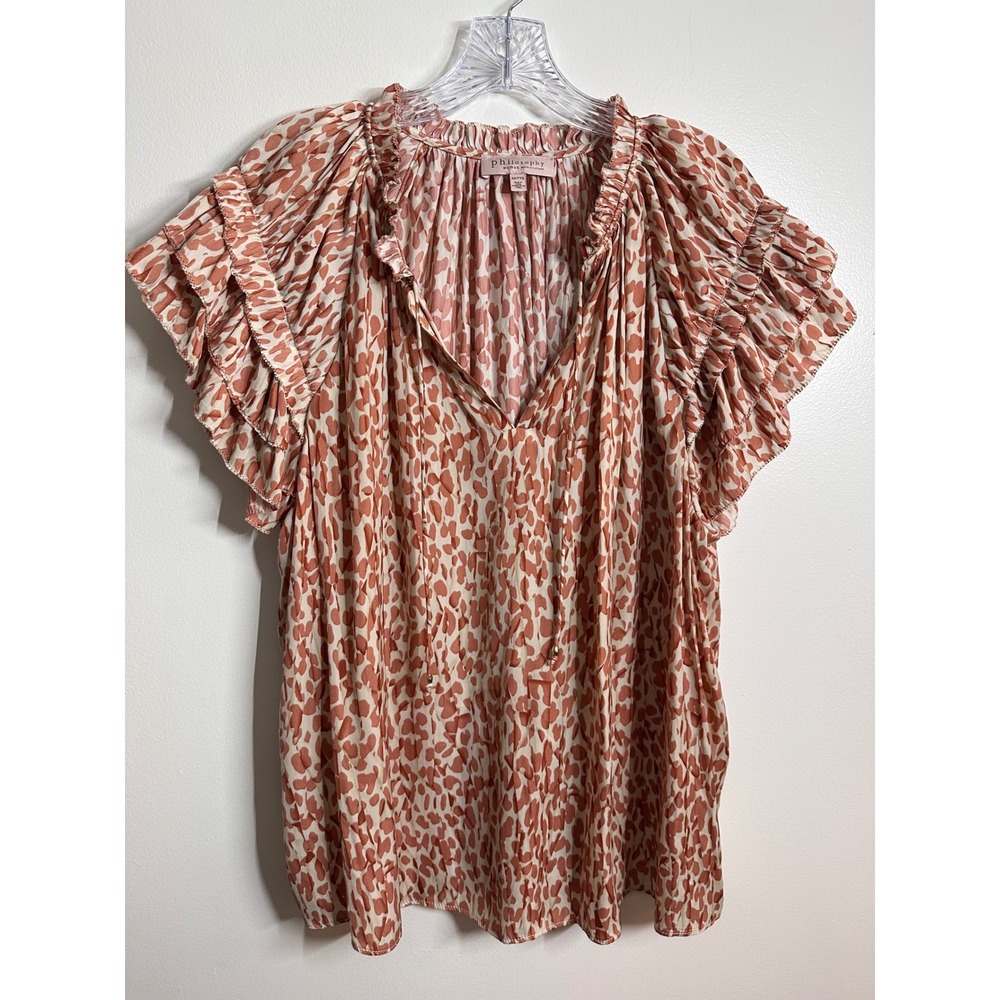 Philosophy Woman Ruffle Sleeve Abstract Animal Print Blouse Coral Cream 2X